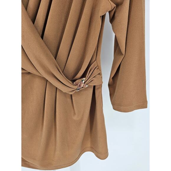 Grace Elements Womens Sz XL 3/4 Sleeve Faux Wrap Blouse Dark Beige V Neck - Picture 2 of 4